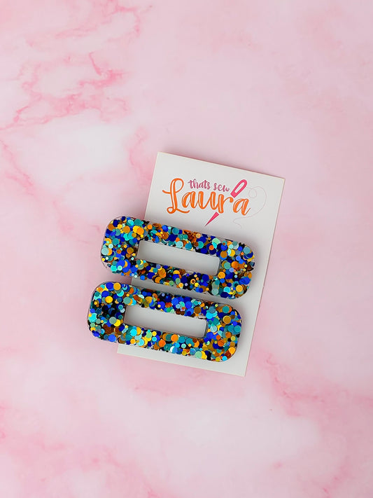 Hermes - Blue & Gold Oblong Resin Hair Clips