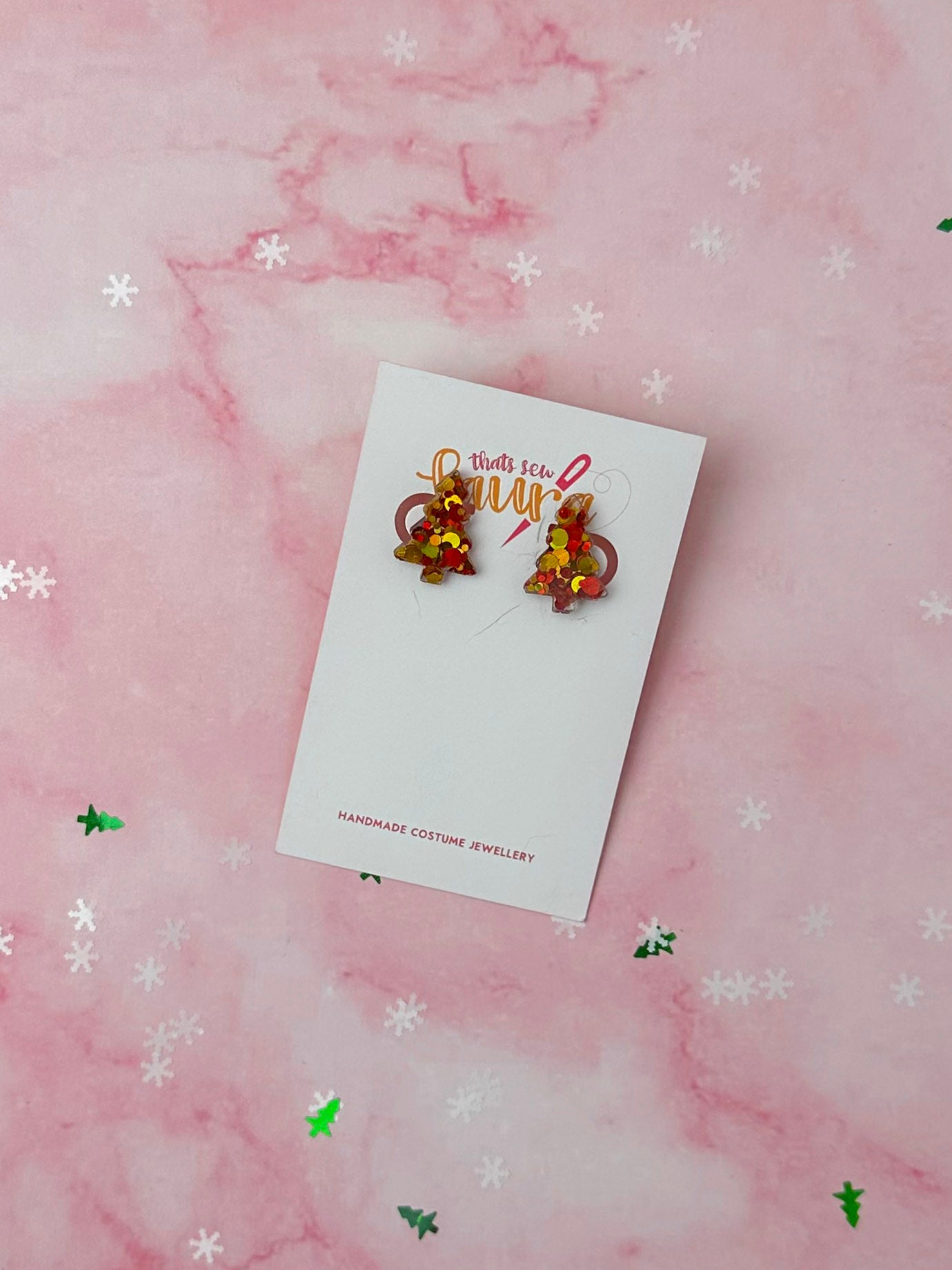 Cosy Christmas Trees - Red & Gold glitter Resin stud Earrings