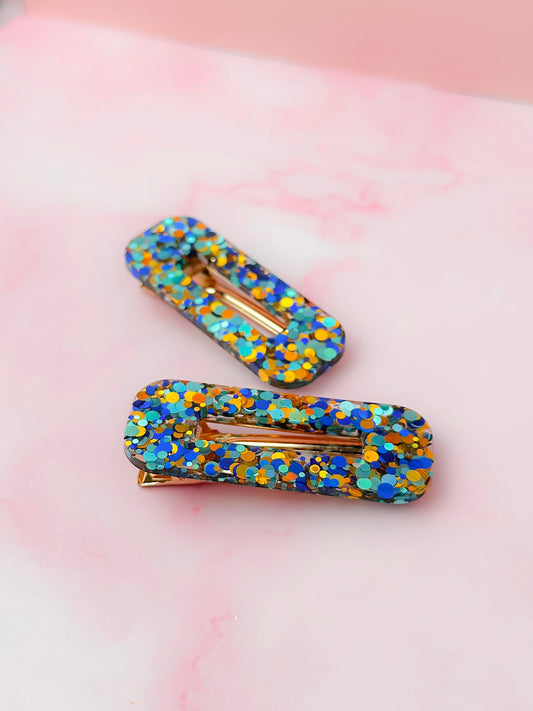 Hermes - Blue & Gold Oblong Resin Hair Clips
