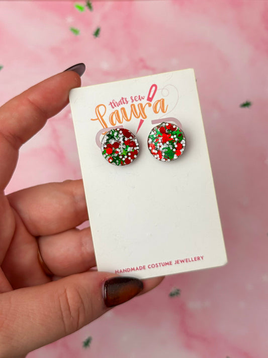 Festive Circles - Red, Green & White glitter Resin stud Earrings