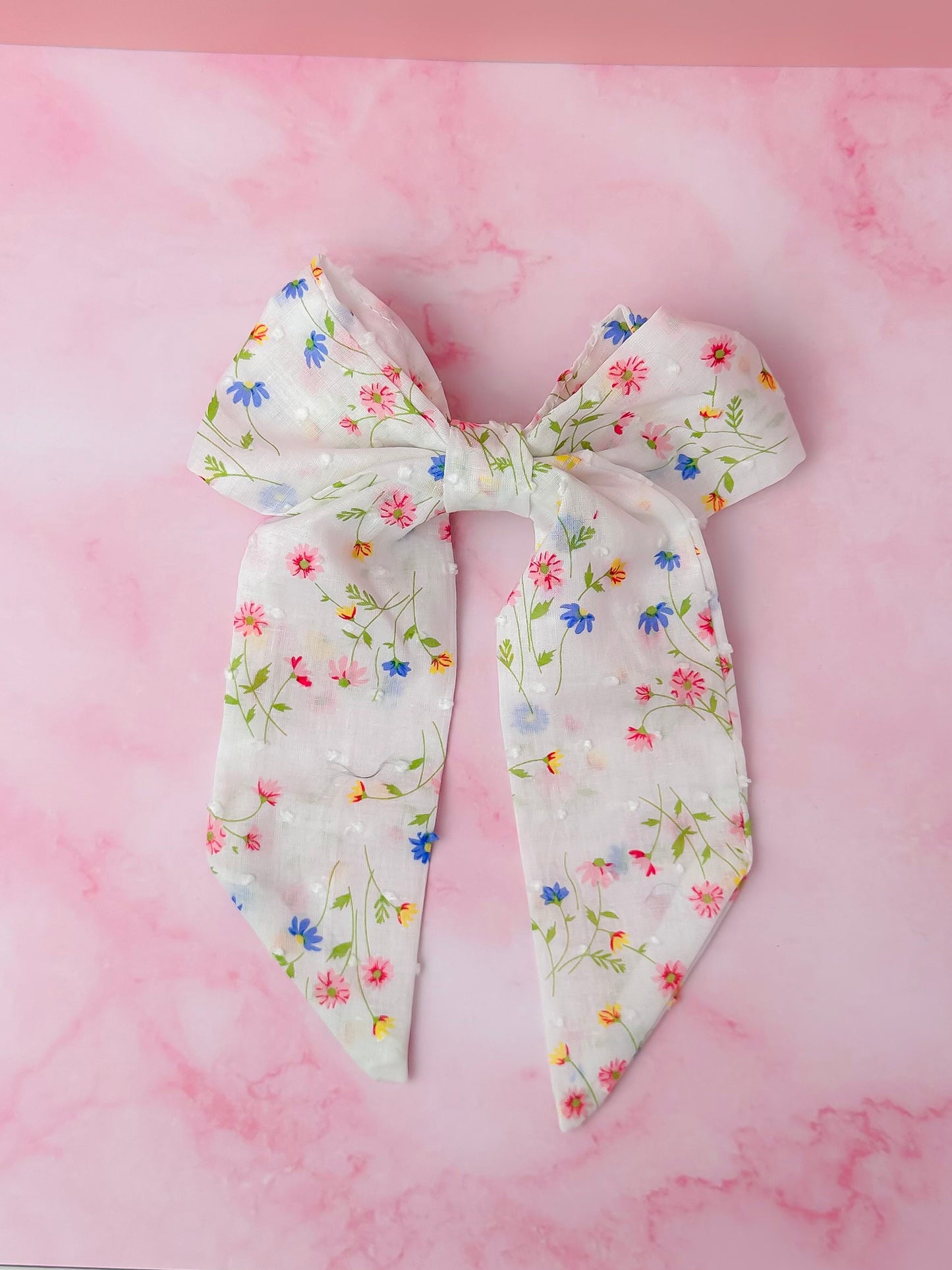 Blossom - White floral long Hair Bow