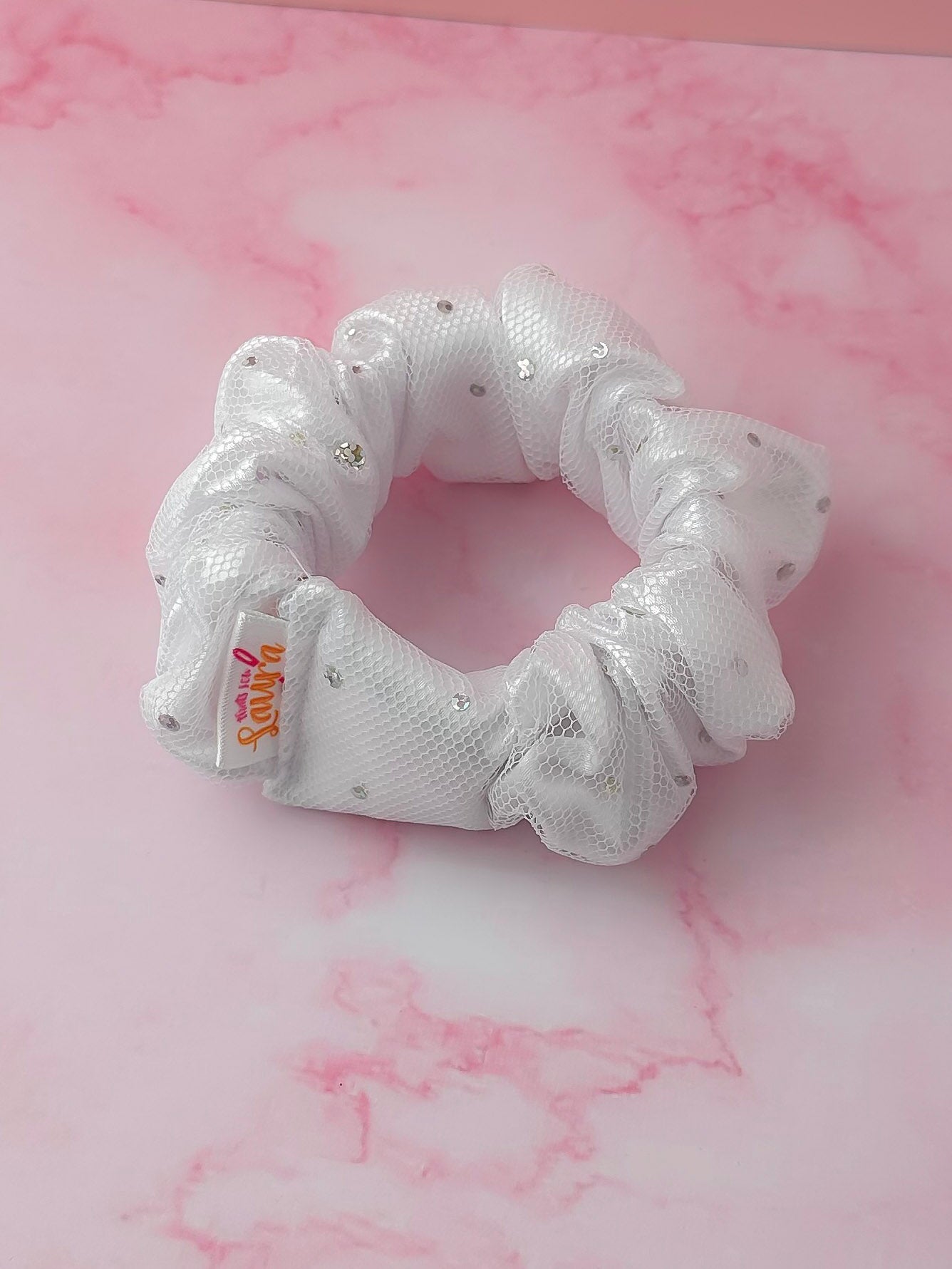 Stellar - White satin and net sparkle wide scrunchie