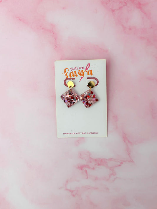 Love Diamonds - pink heart glitter Resin Earrings