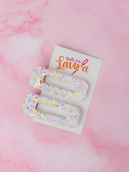 Adora - White Iridescent Heart Glitter oblong Resin Hair Clips