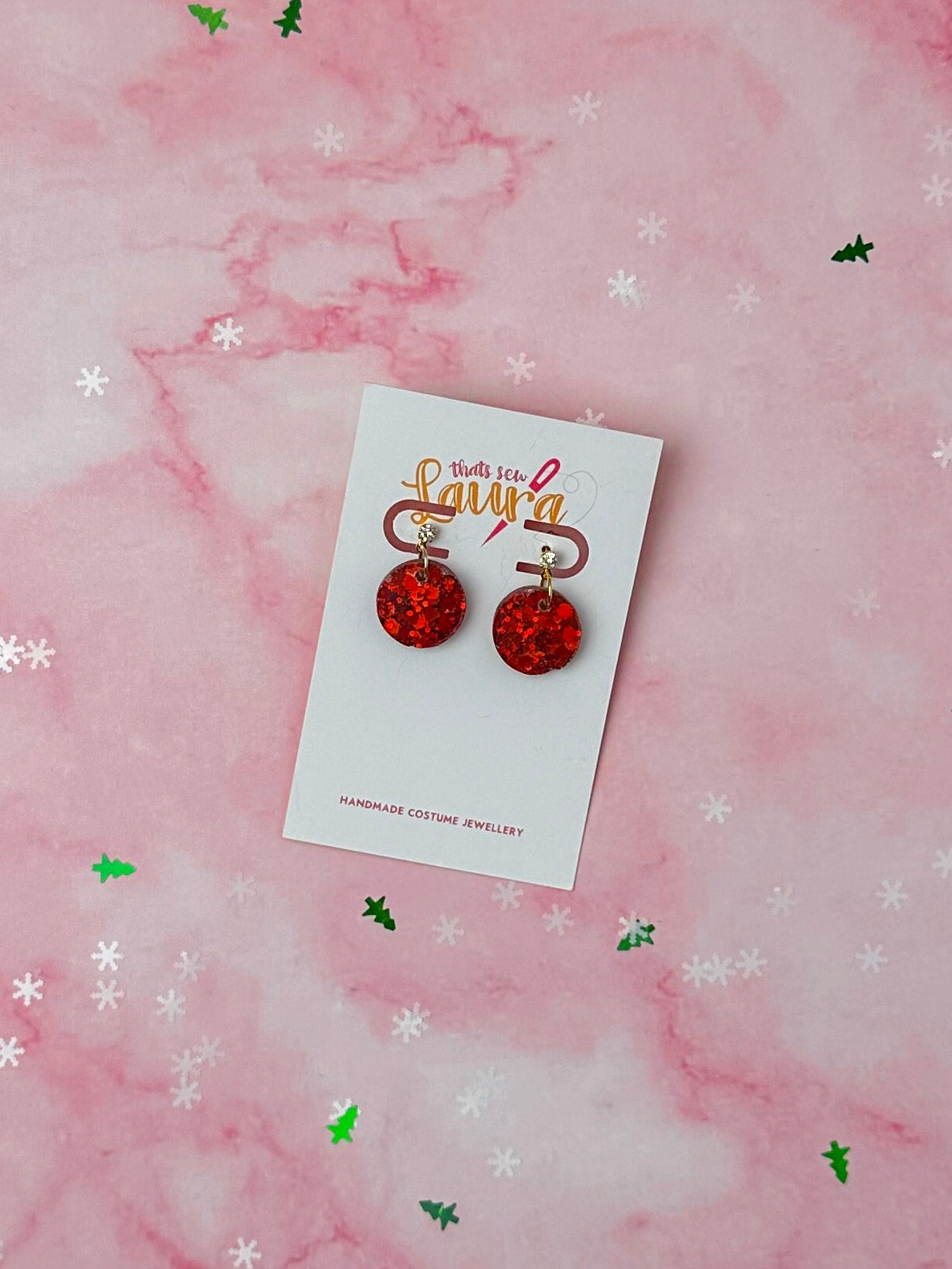 Red circle drops - Red glitter Resin stud Earrings