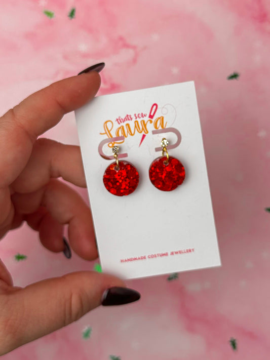 Red circle drops - Red glitter Resin stud Earrings
