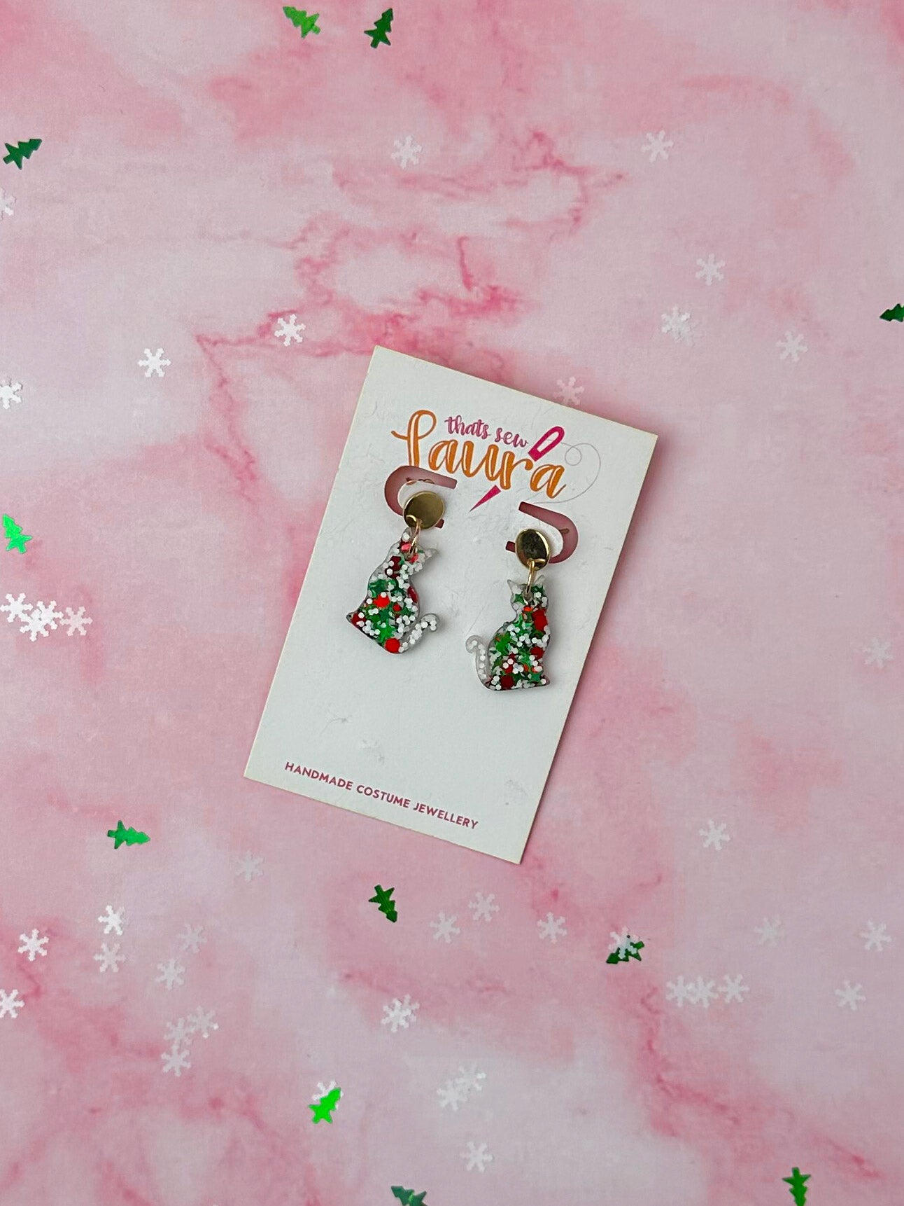 Festive Cats - Green, white & Red glitter Resin stud Earrings
