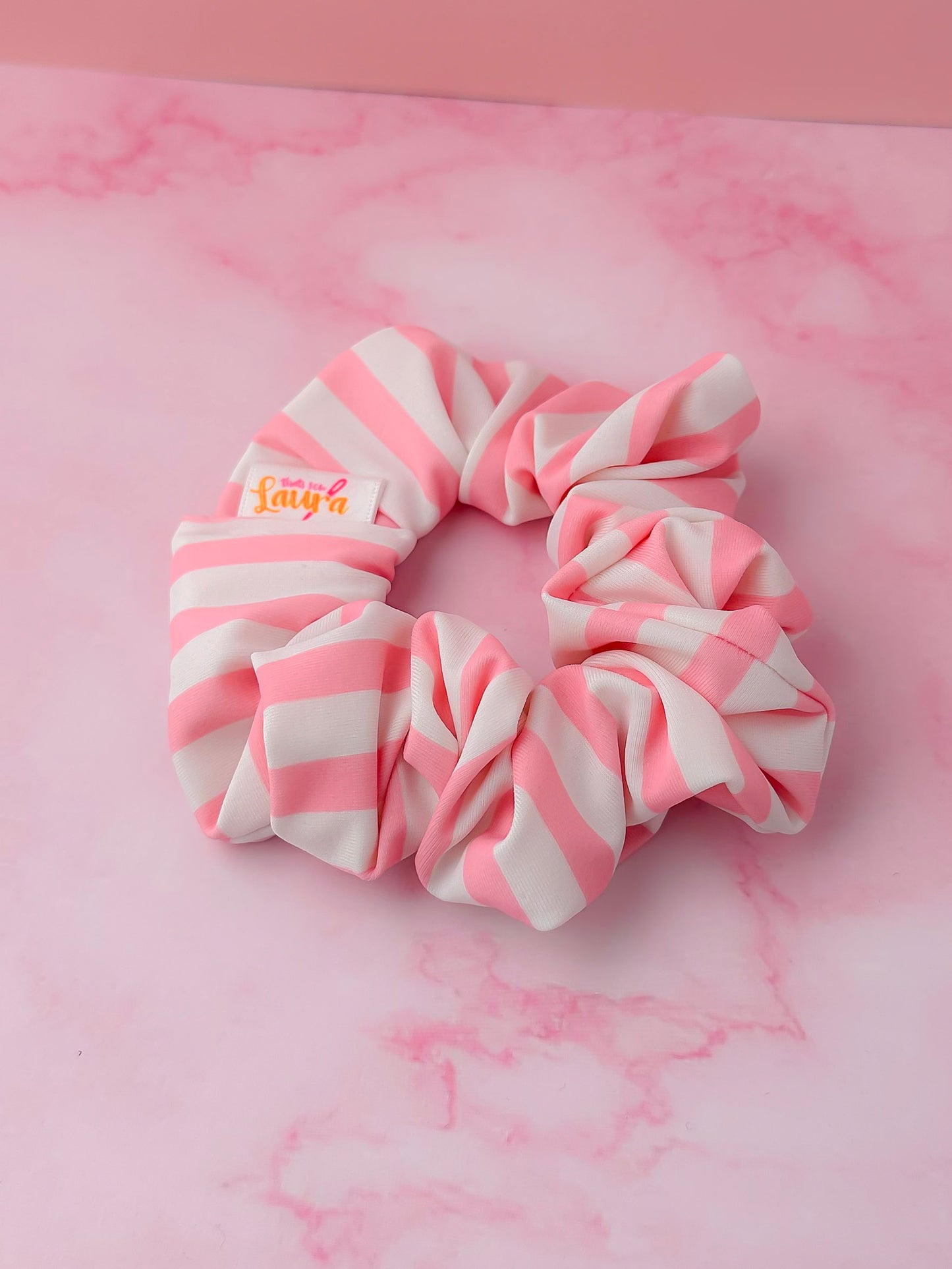Kelly - Pink & White striped print classic gym & swim scrunchie