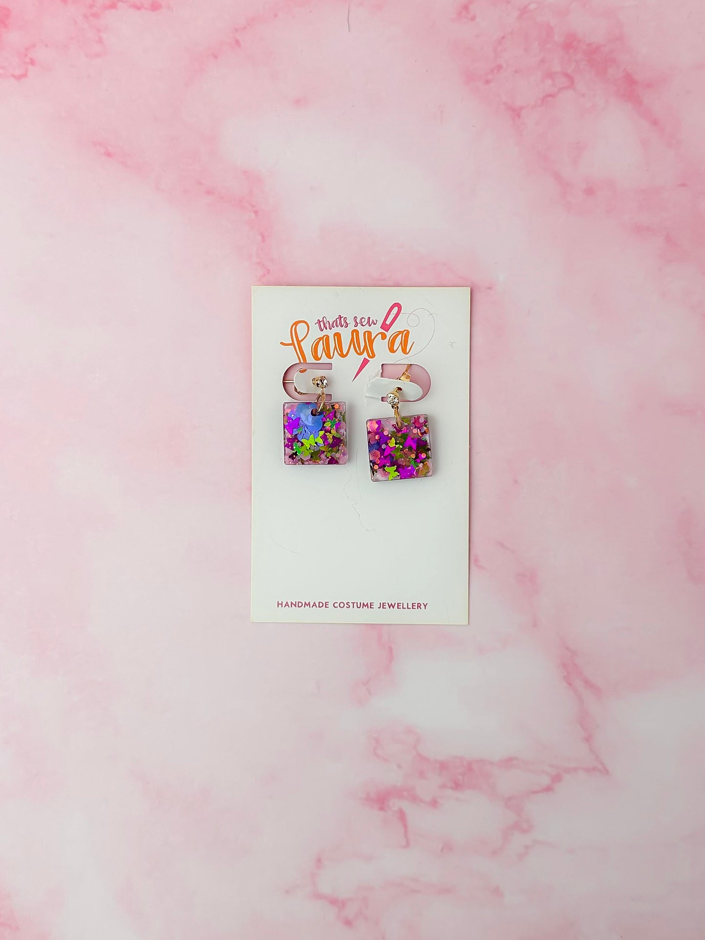 Secret Garden Squares - pink butterfly glitter Resin Earrings