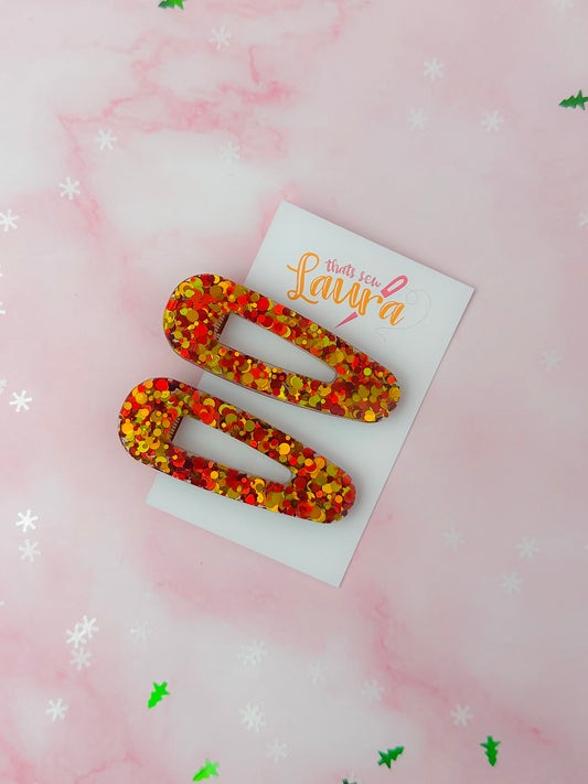 Cosy Christmas - Gold & Red Glitter Resin Hair Clips