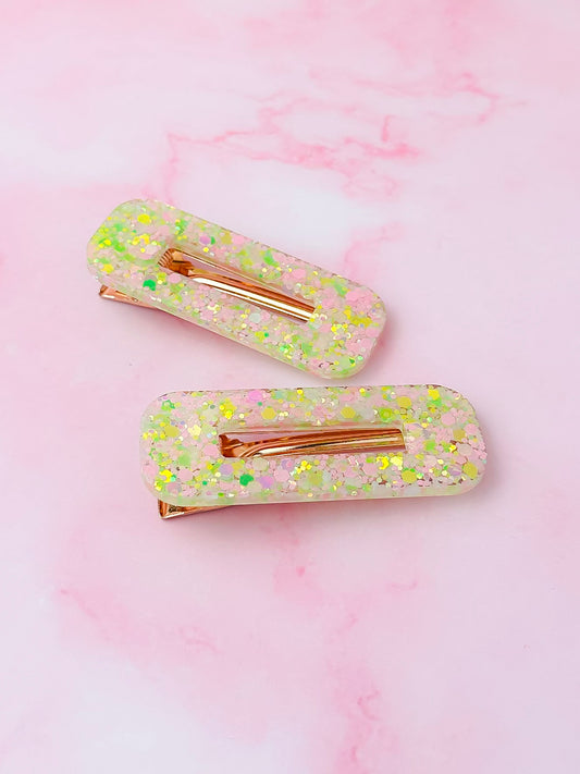 Wicked - Pink and Green iridescent Oblong Glitter Resin Hair Clips