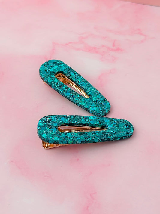 Teal - Blue Glitter Resin Hair Clips