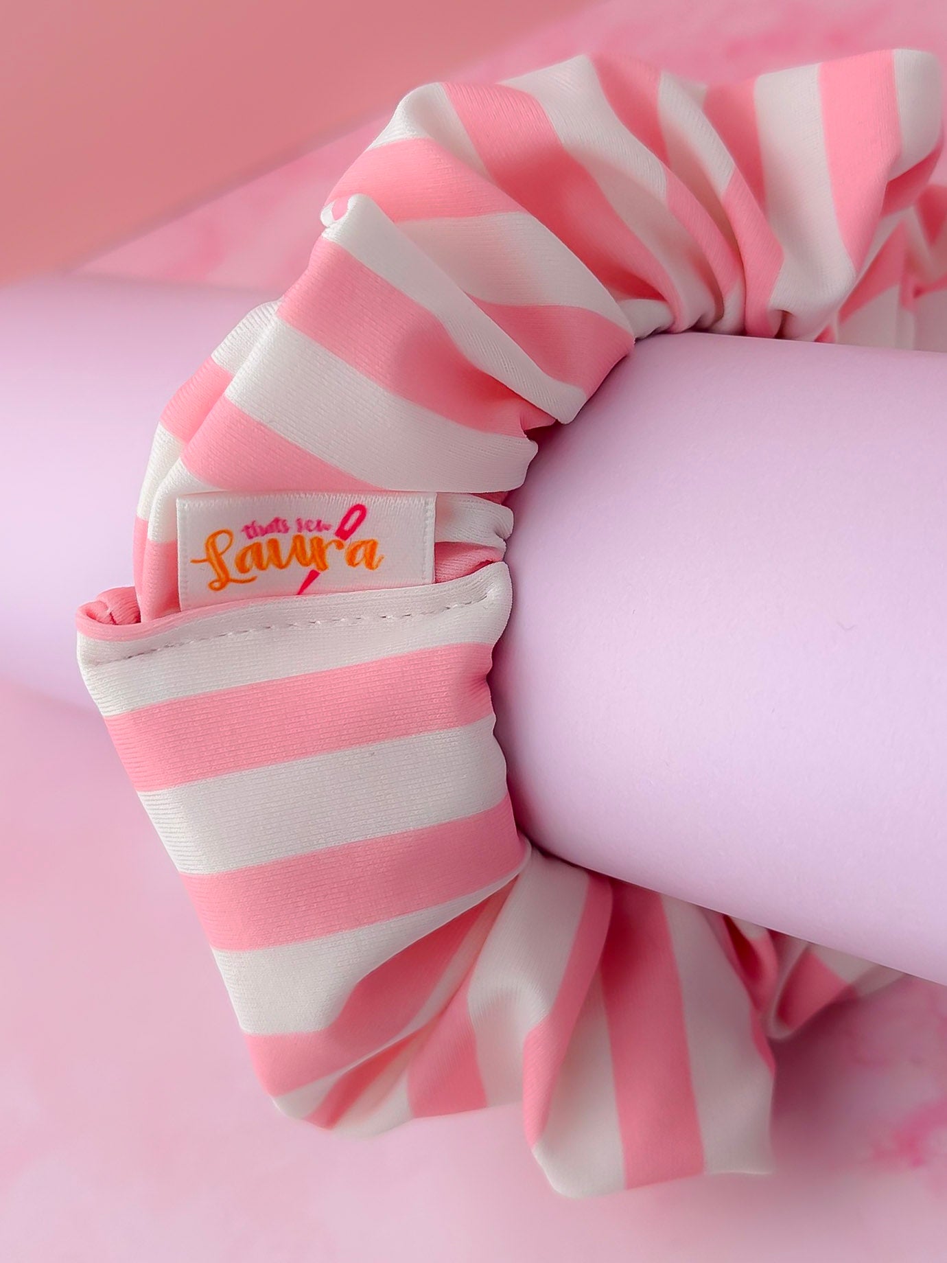 Kelly - Pink & White striped print classic gym & swim scrunchie