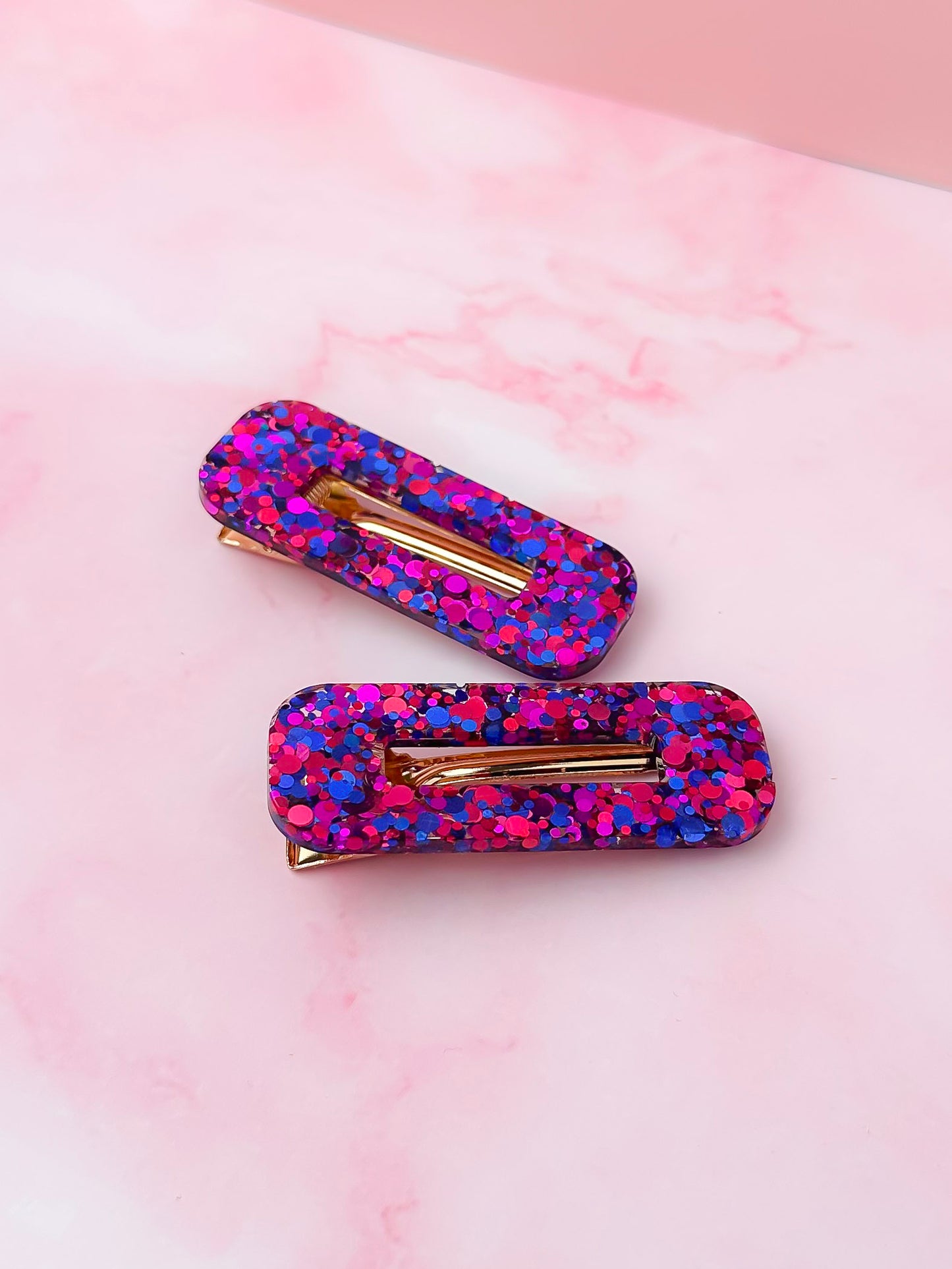 Gemini - Blue & Purple Oblong Glitter Resin Hair Clips