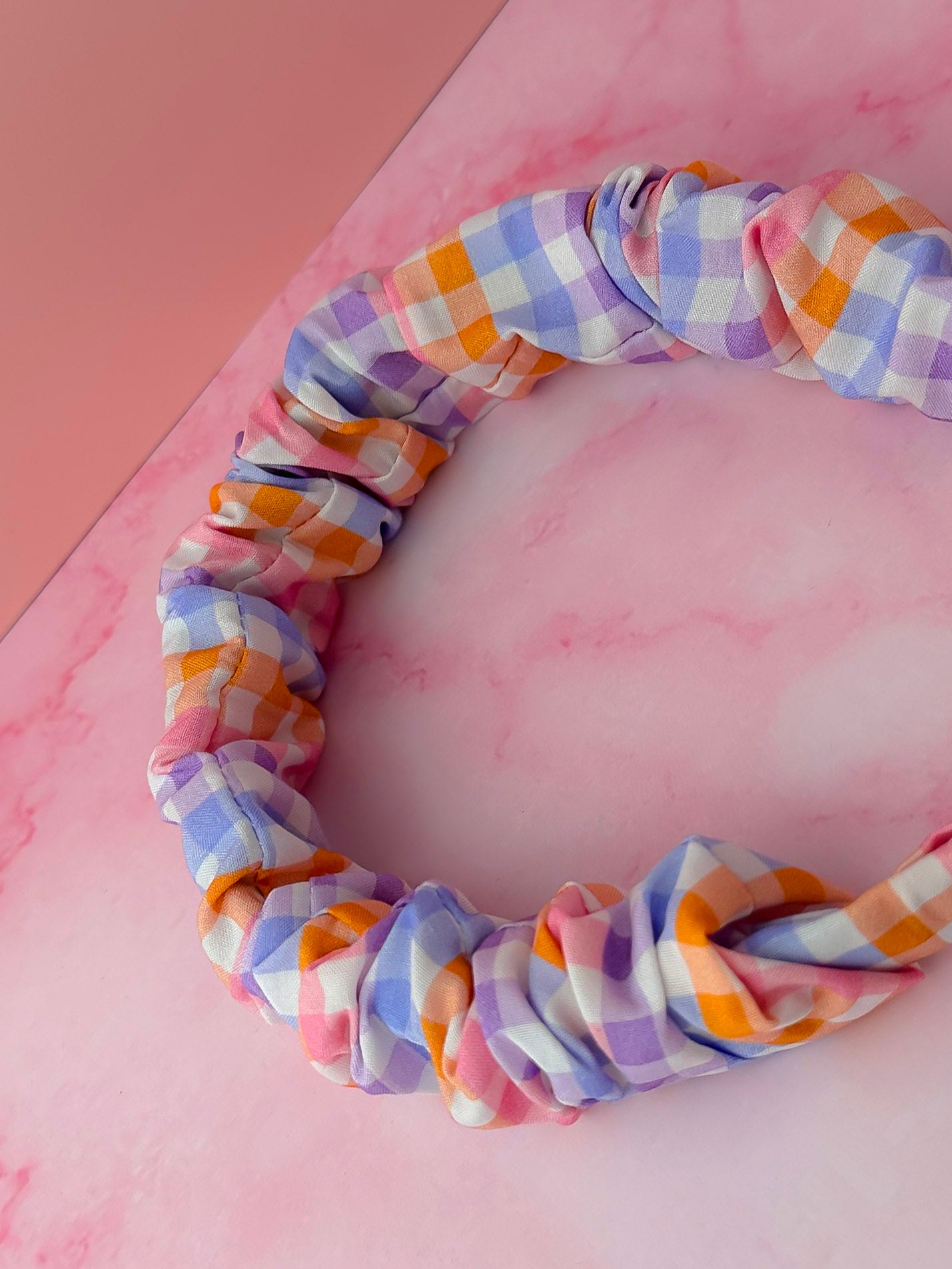 Jess - Lilac and orange gingham Scrunchie Headband