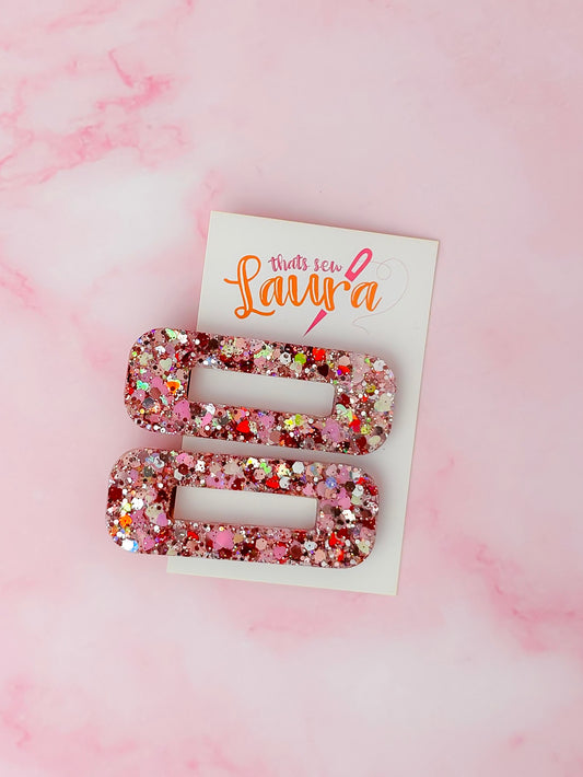 Lucia - pink and red heart glitter oblong Resin Hair Clips