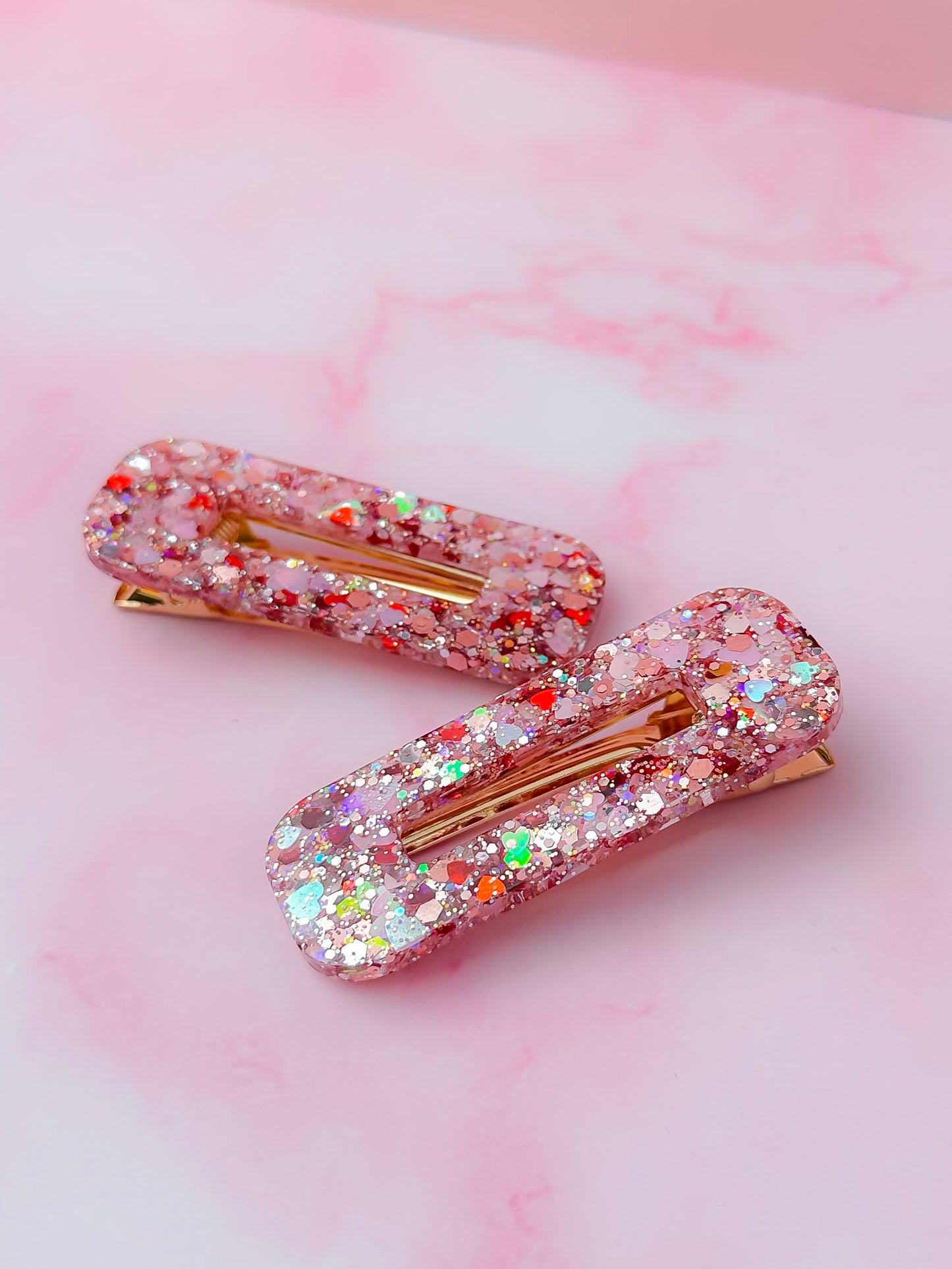 Lucia - pink and red heart glitter oblong Resin Hair Clips