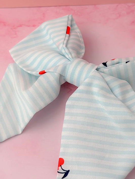 Cherrie - Blue and white striped cherry print classic Hair Bow