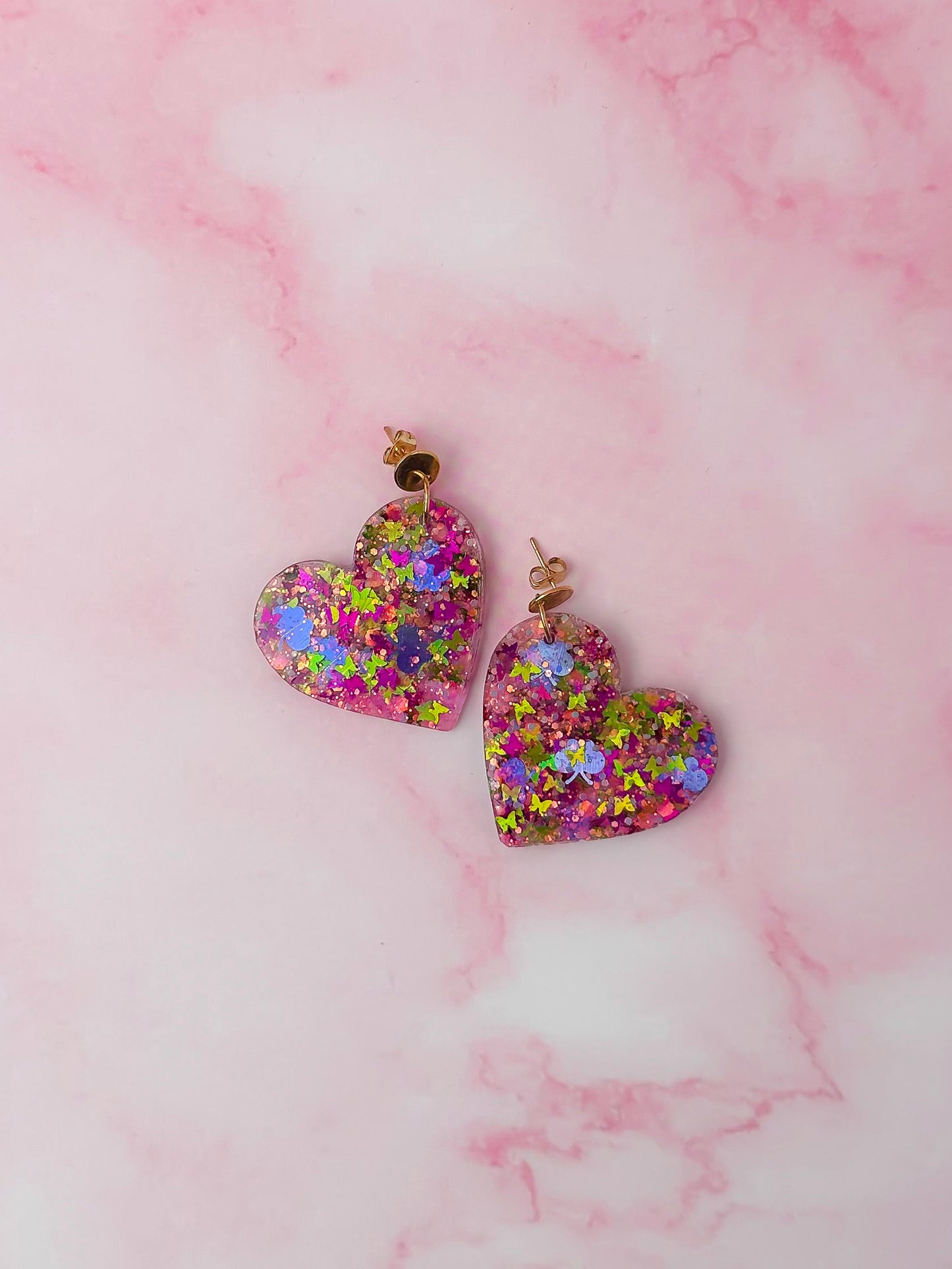 Secret Garden Heart - Pink floral butterfly glitter Resin Earrings