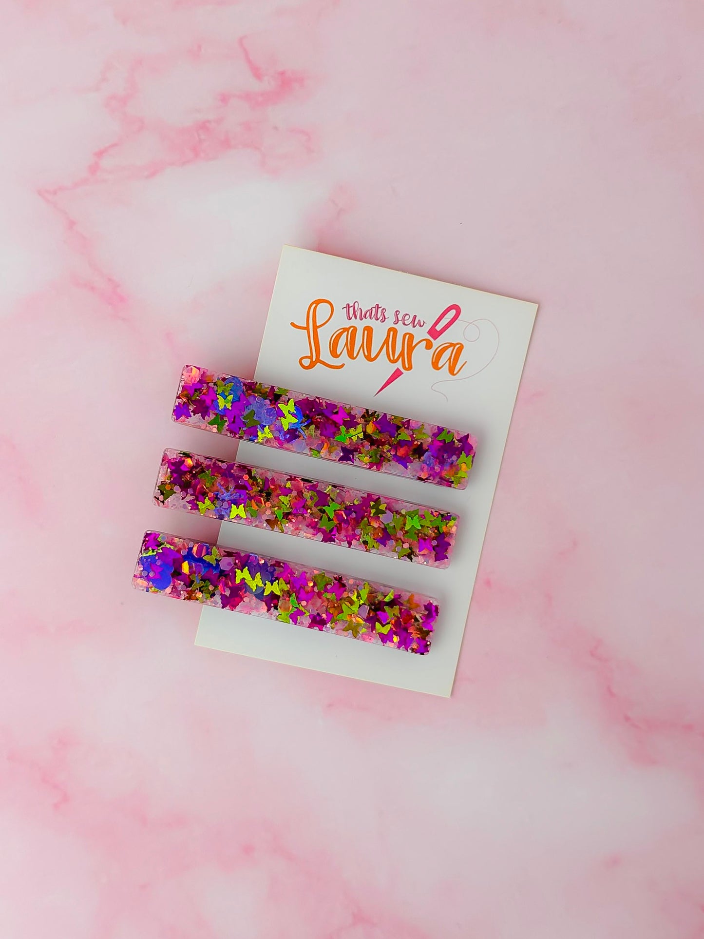 Secret Garden - Pink Butterfly Glitter Trio Resin Hair Clips