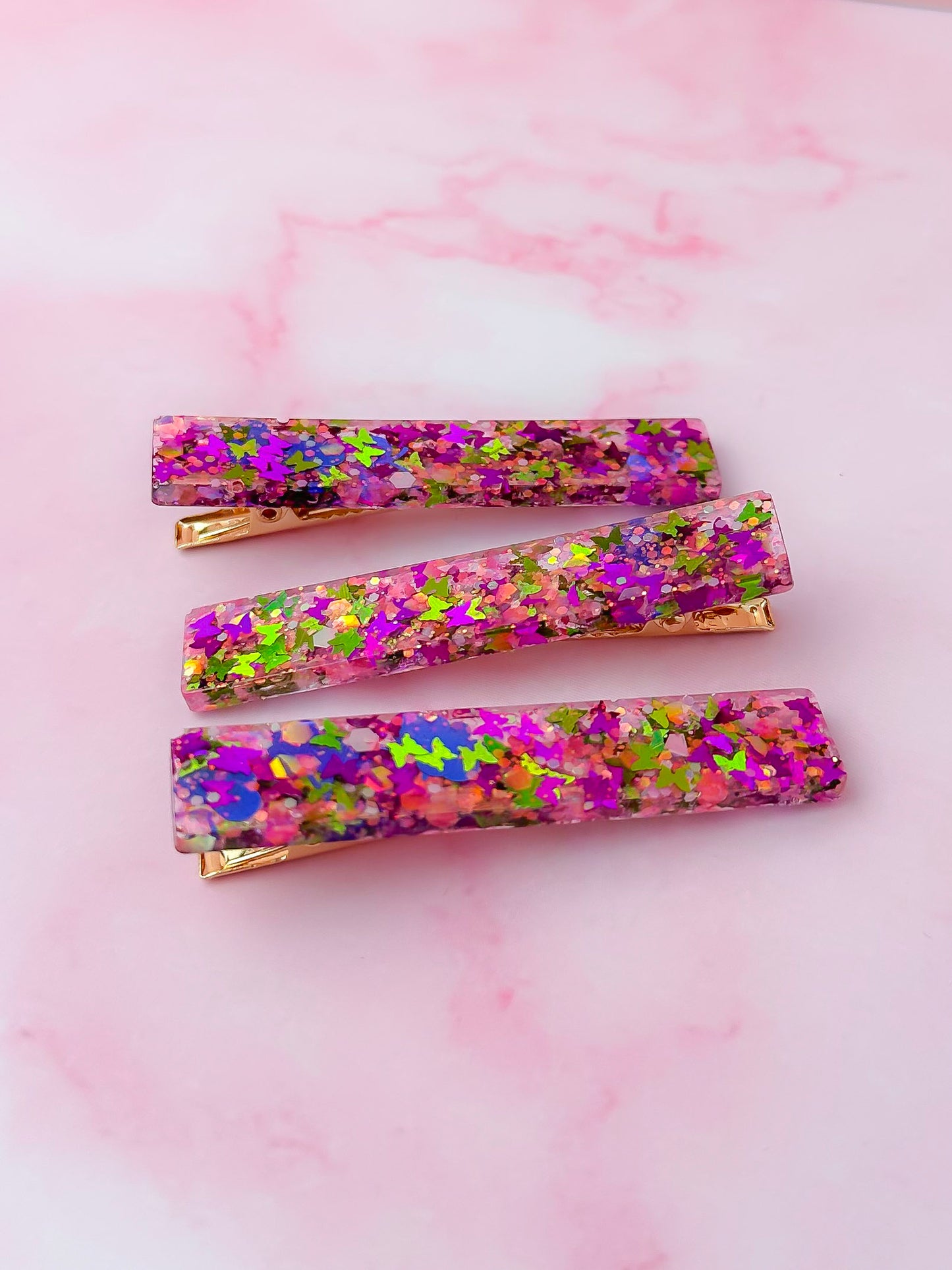 Secret Garden - Pink Butterfly Glitter Trio Resin Hair Clips