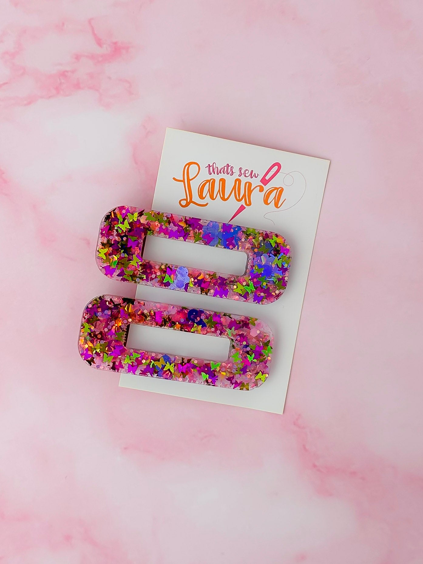 Secret Garden - Pink Butterfly Glitter oblong Resin Hair Clips