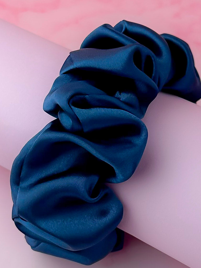 Navy - Navy blue satin wide scrunchie