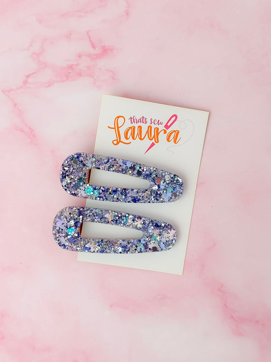 Winter Bow - Blue & Silver Glitter Resin Hair Clips