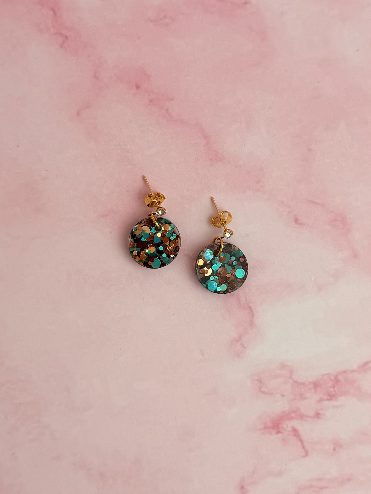 Goldstone CZ circle drops - Blue gold and brown glitter Resin stud Earrings