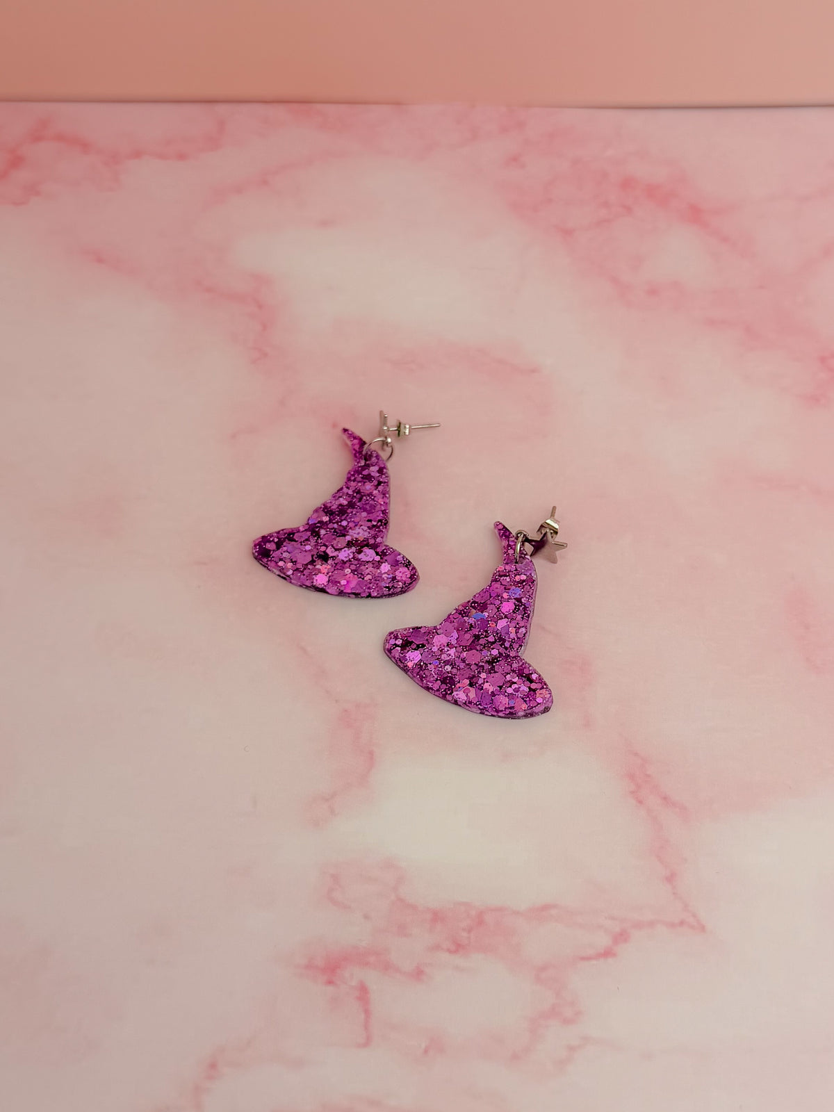 Witcy - Purple glitter witches hat shaped Resin Earrings with Stainless steel star post