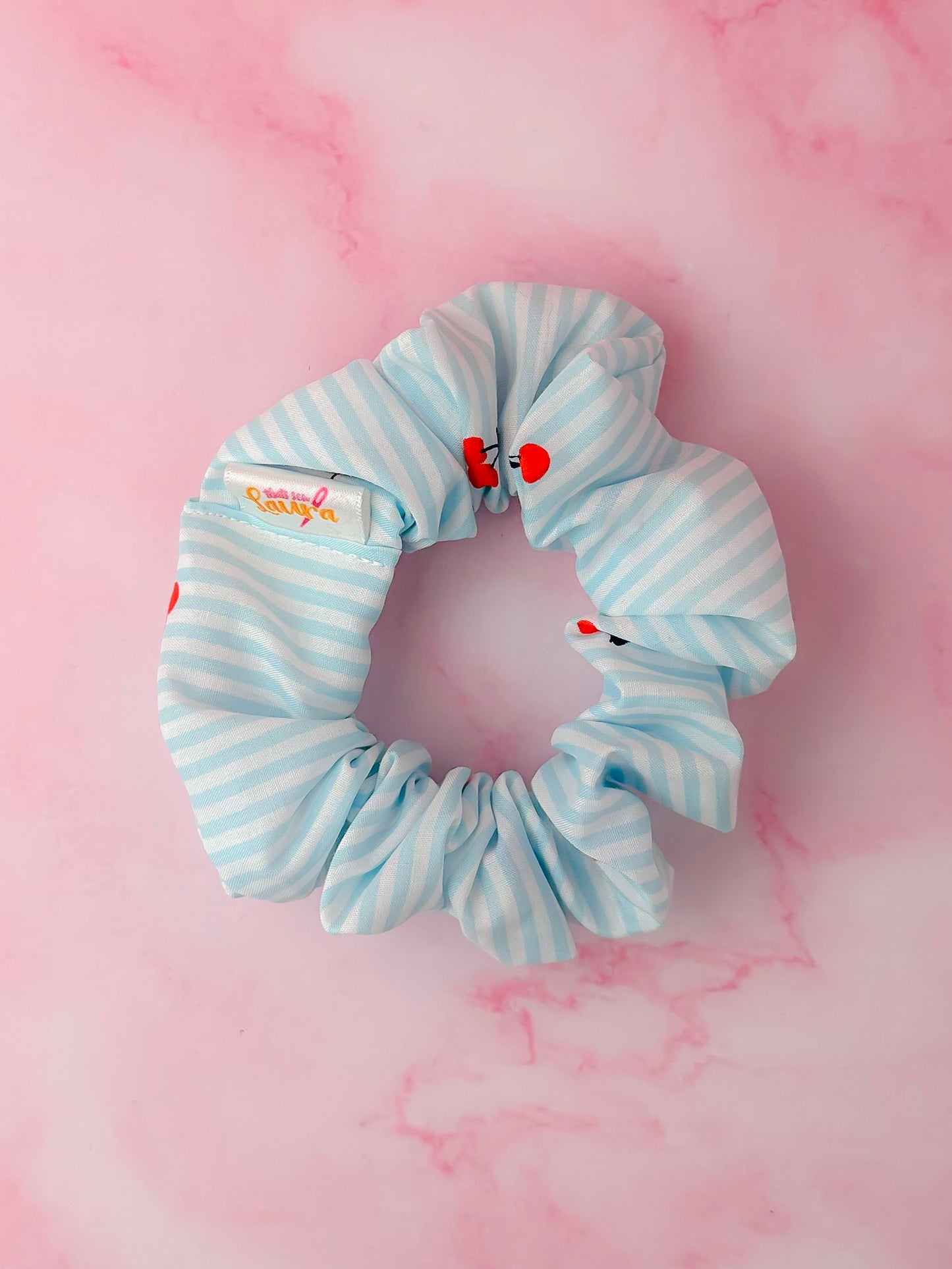 Cherrie - Blue & White striped cherry print classic scrunchie