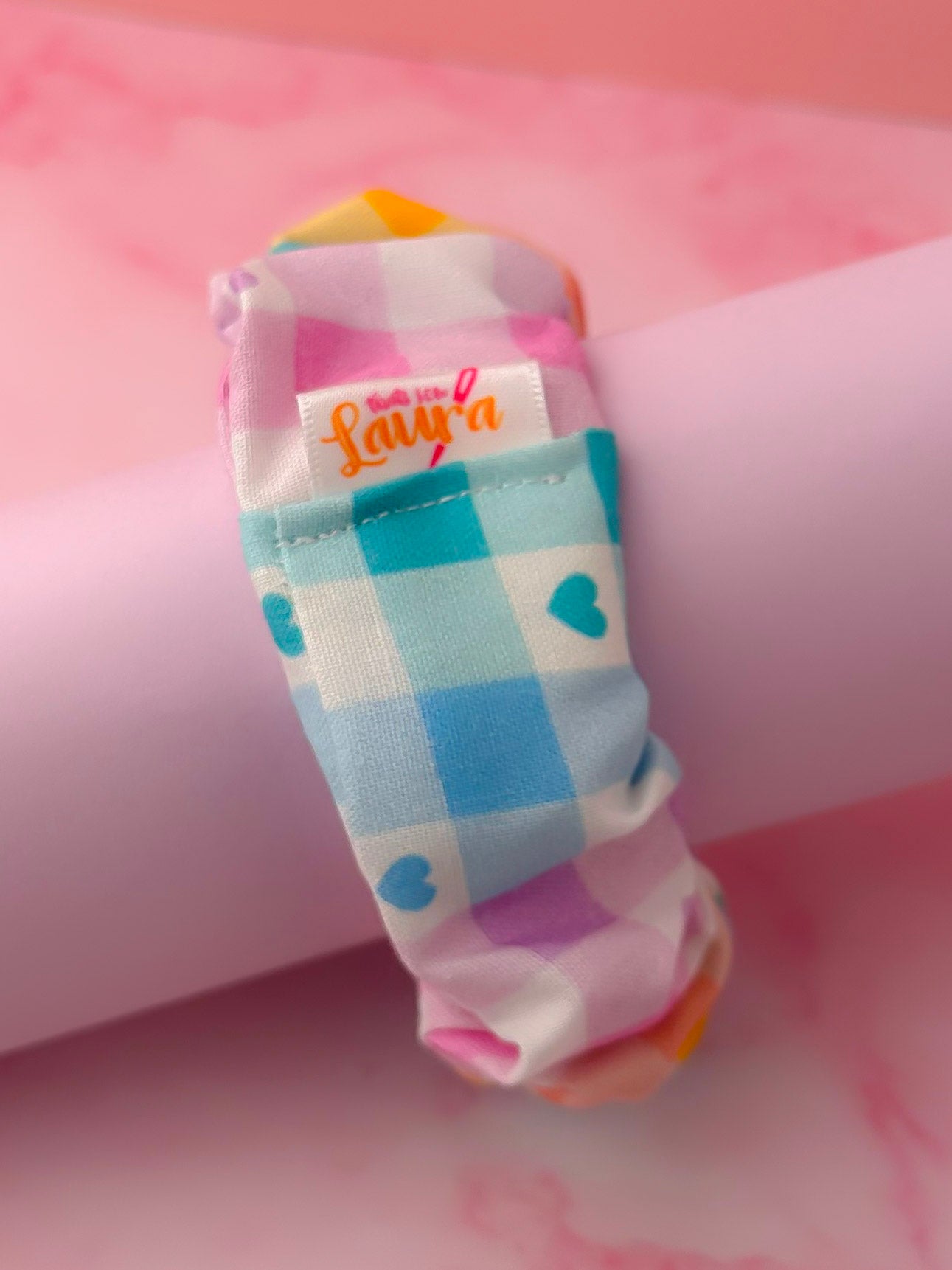 Elsie - Pastel coloured checkered heart gingham wide scrunchie