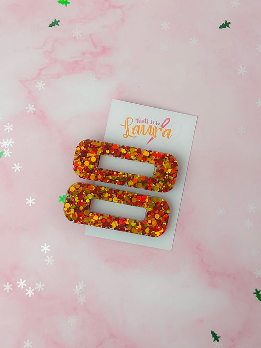 Cosy Christmas - Gold & Red Oblong Glitter Resin Hair Clips