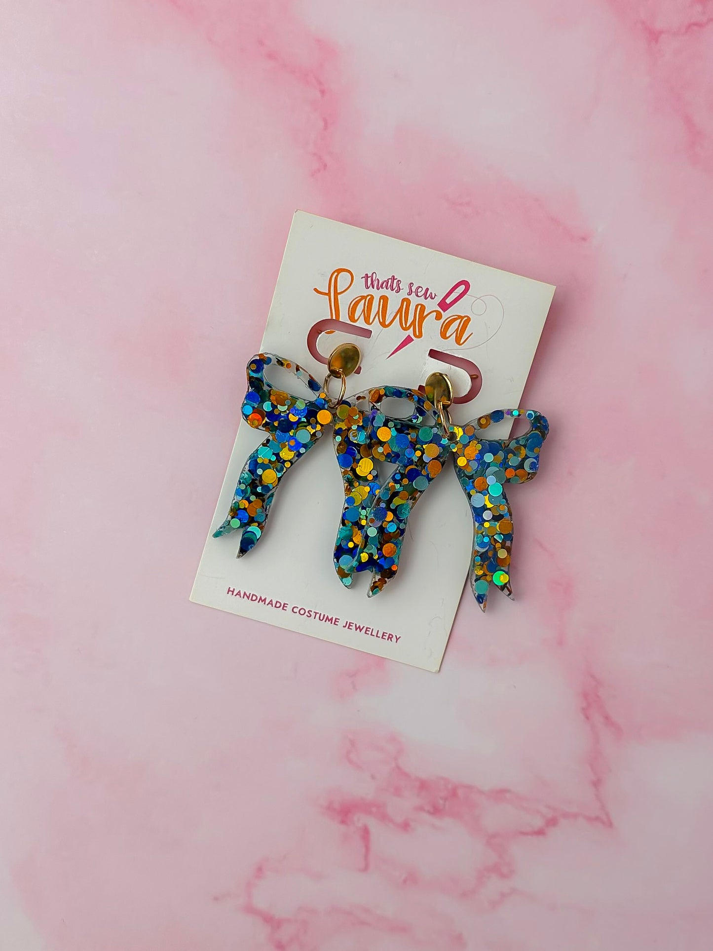 Hermes Bows - blue & gold glitter Resin Earrings