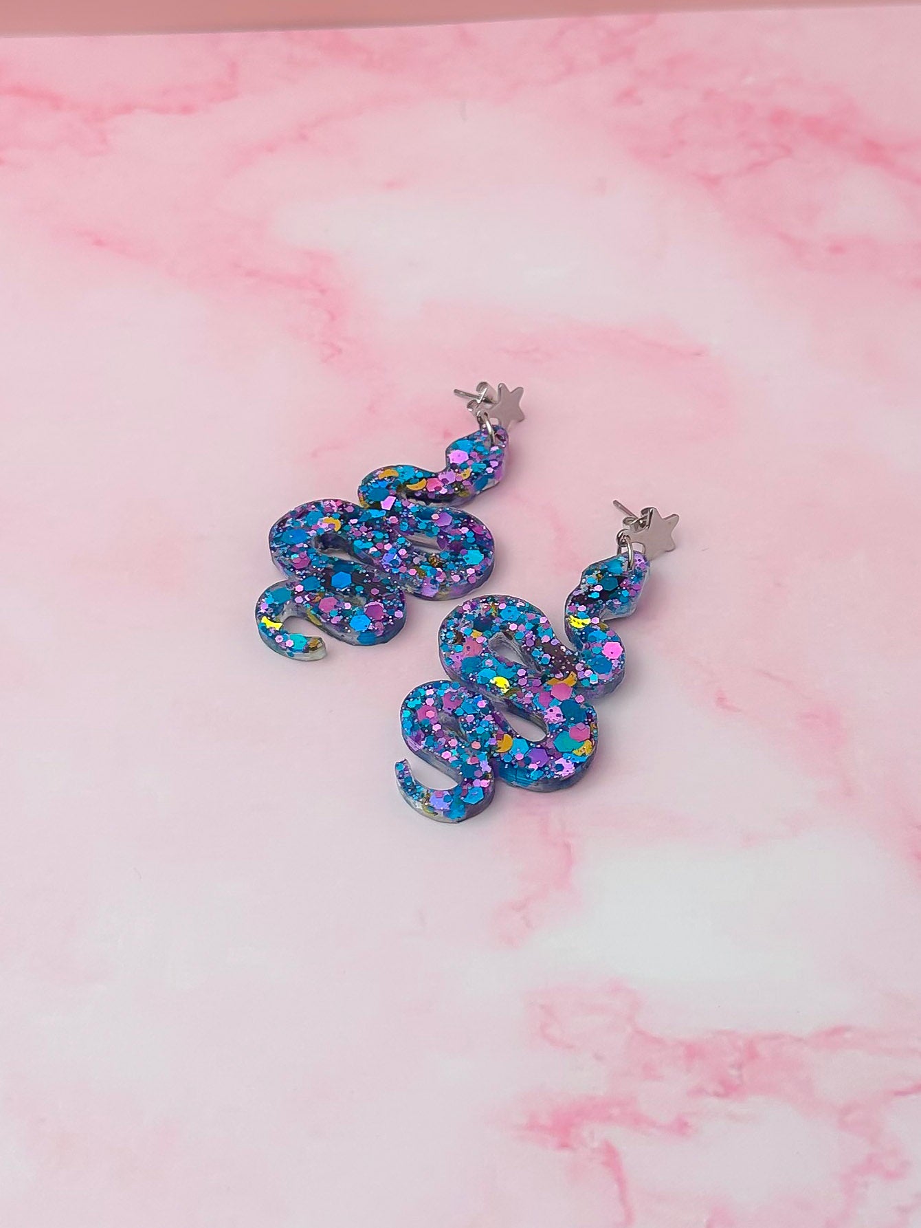 Mystical moon snakes - purple, blue & gold Resin Earrings