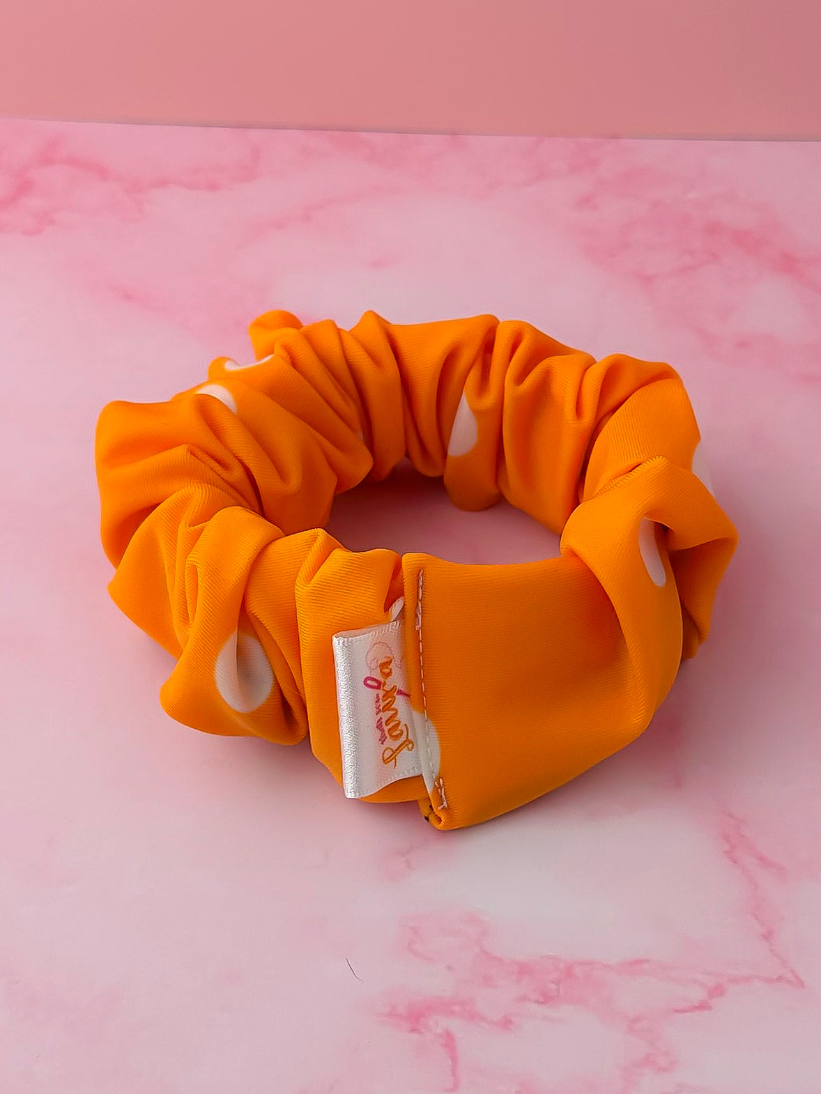 Molly - Orange and white polka dot gym & swim wide scrunchie