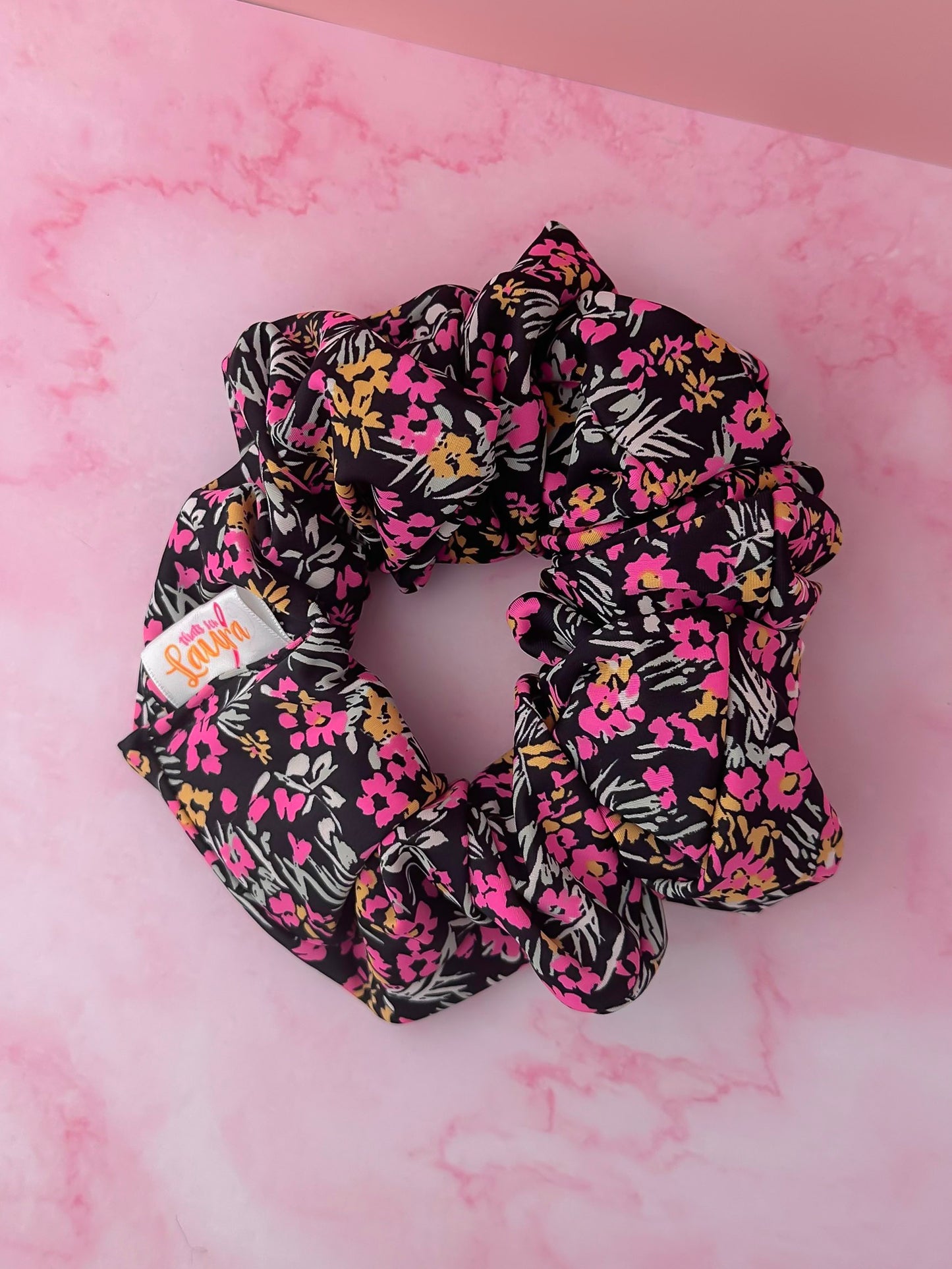 Flora - Black, Pink and Orange floral print Gym & Swim XL Scrunchie