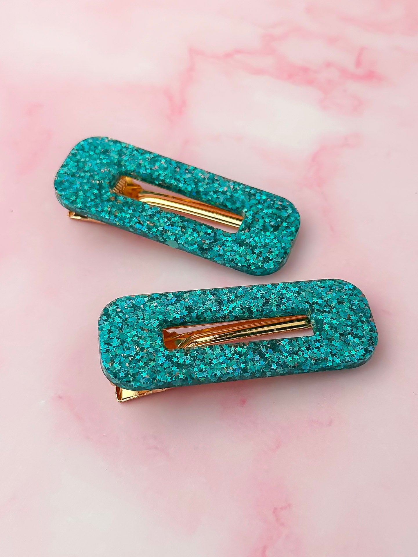 Starlight - Blue Star Oblong Glitter Resin Hair Clips