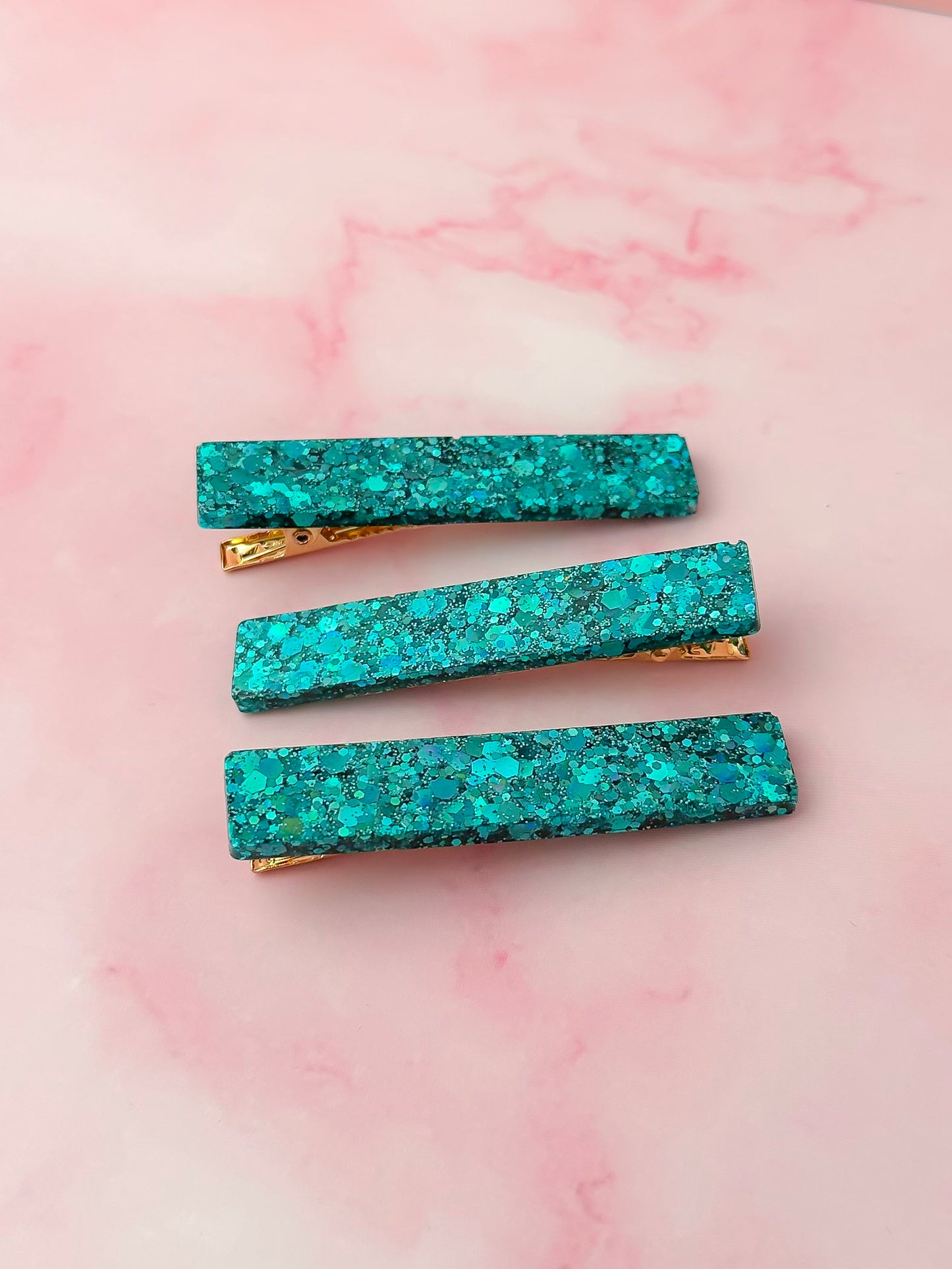 Teal - Blue Glitter Trio Resin Hair Clips