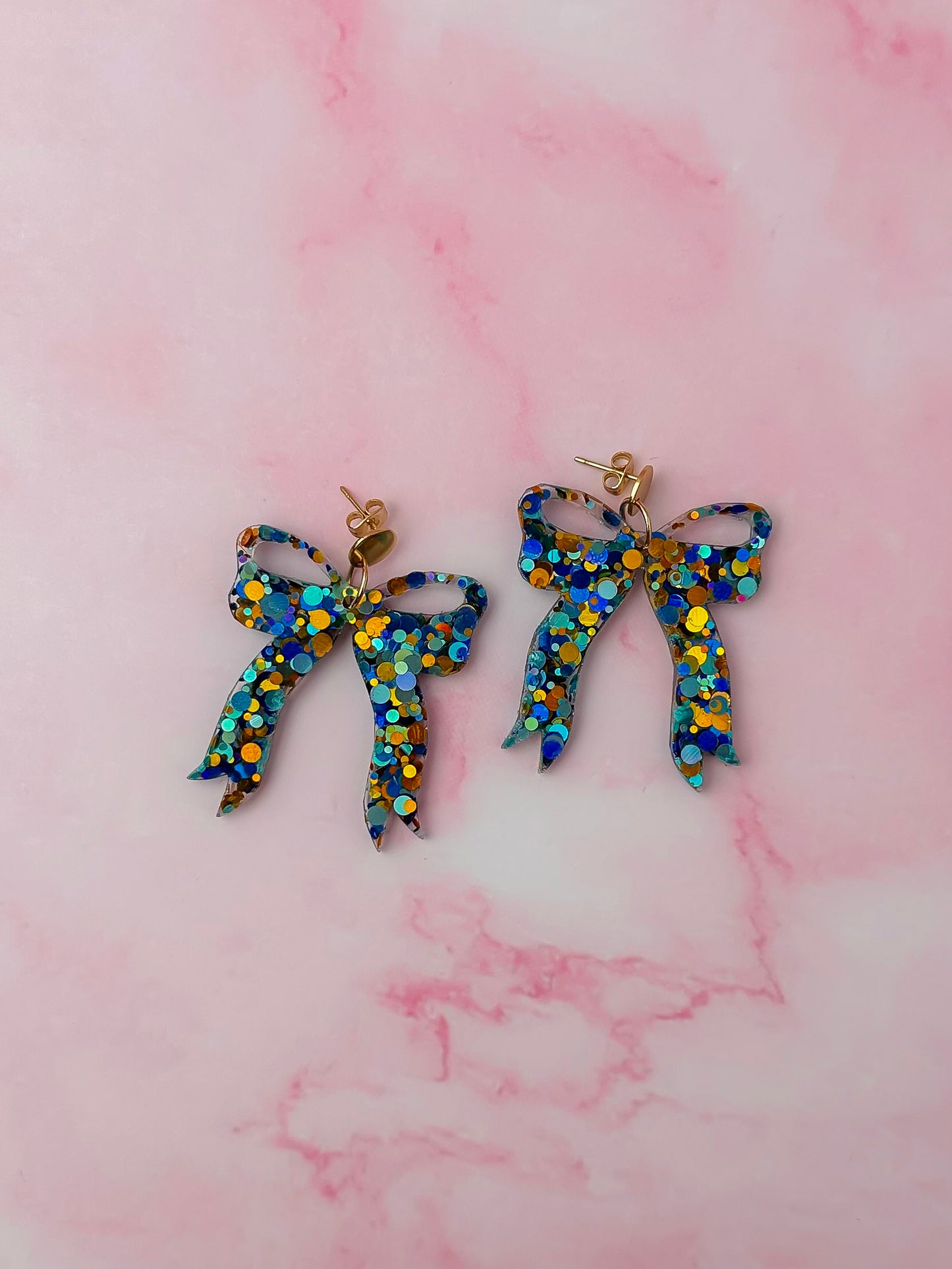 Hermes Bows - blue & gold glitter Resin Earrings