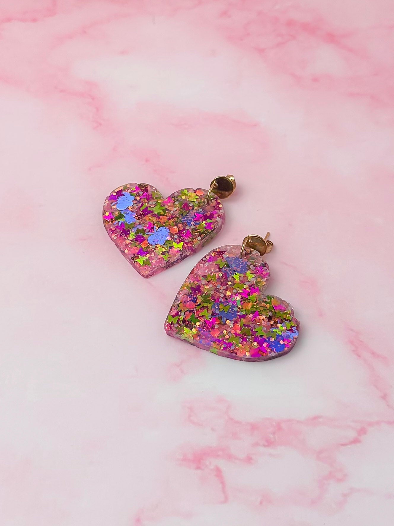 Secret Garden Heart - Pink floral butterfly glitter Resin Earrings