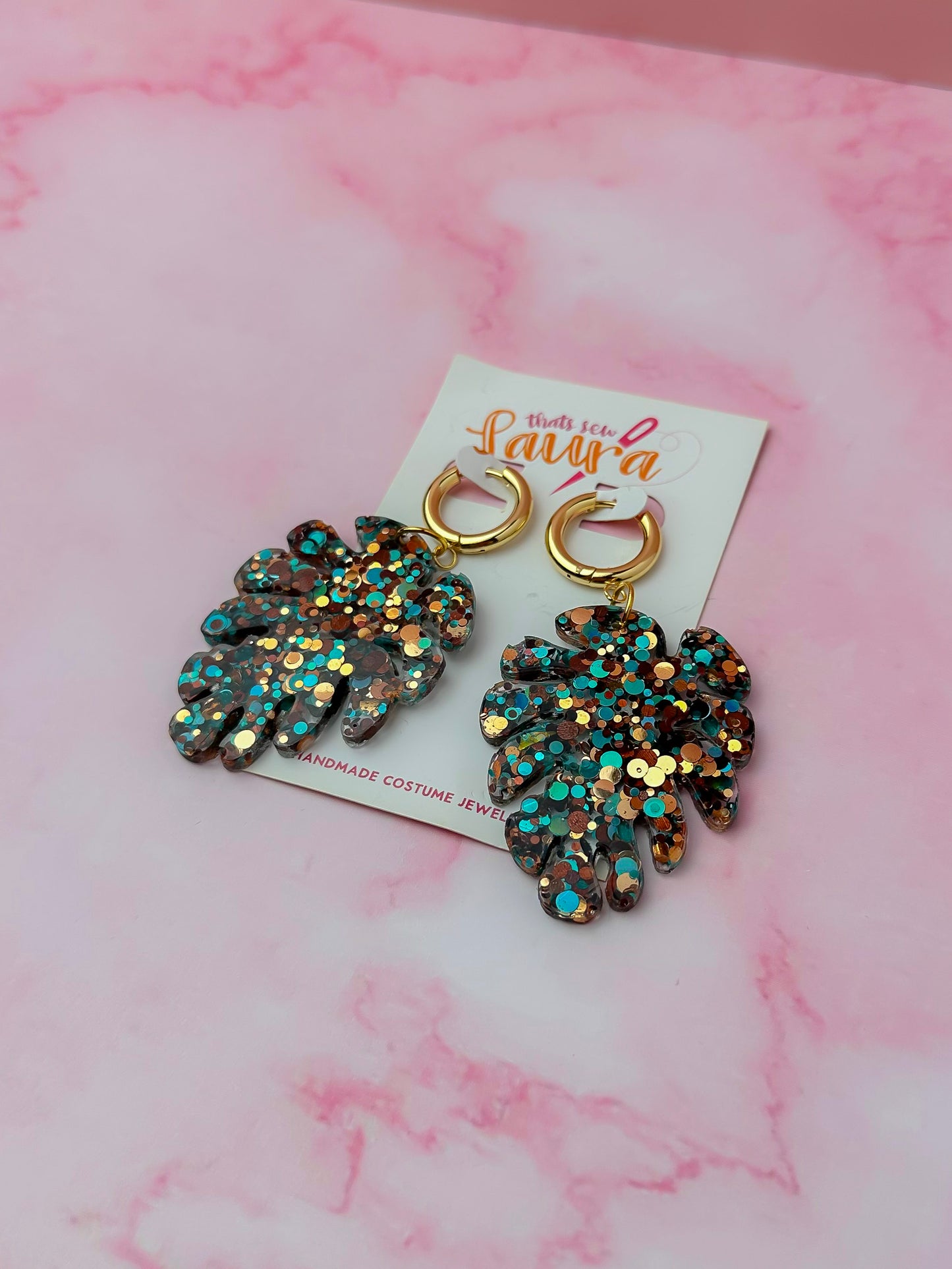 Taurus Leaf - Blue, Brown and gold glitter Resin Earrings