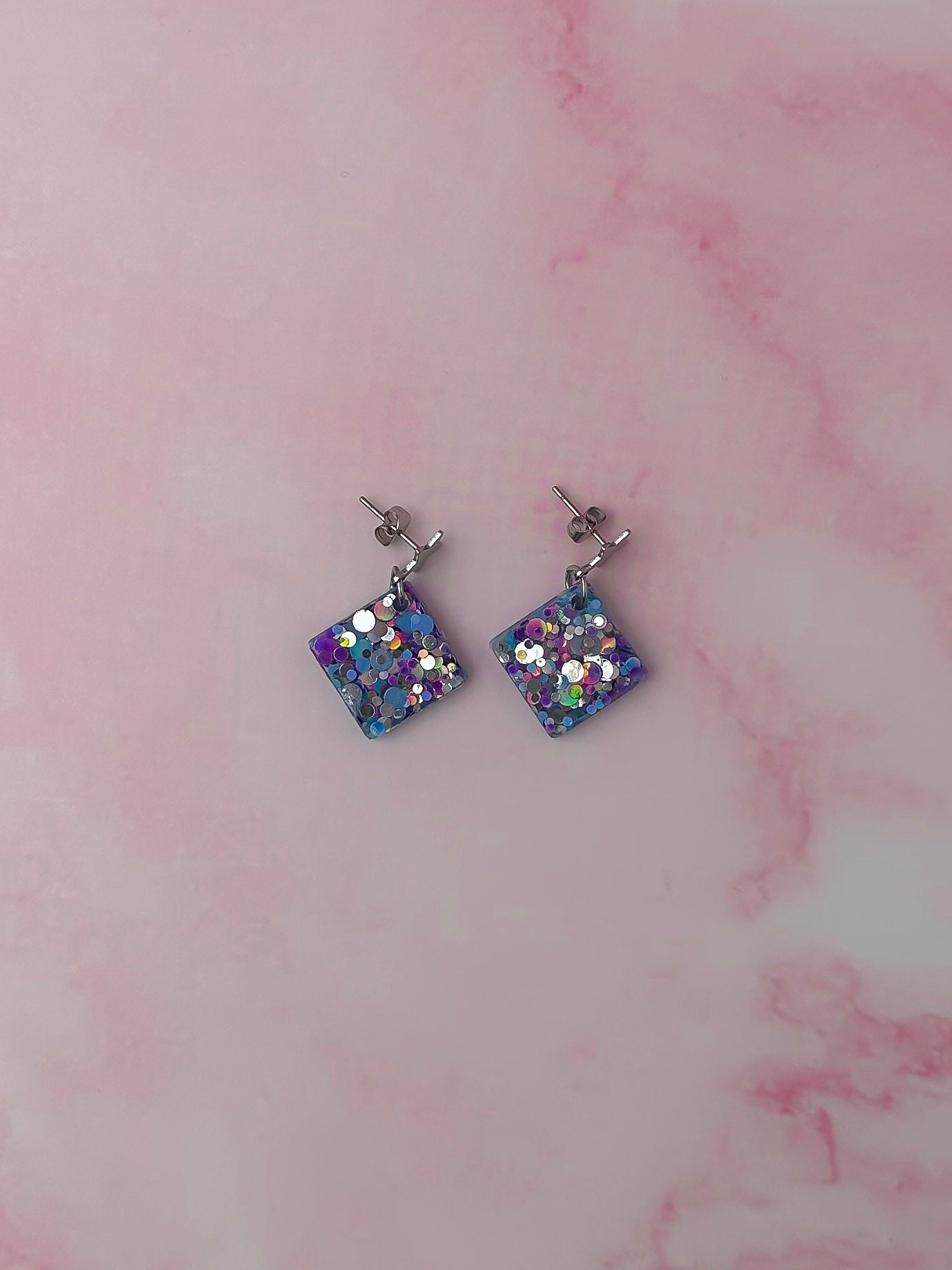 Cancer Diamonds - silver & blue glitter Resin Earrings