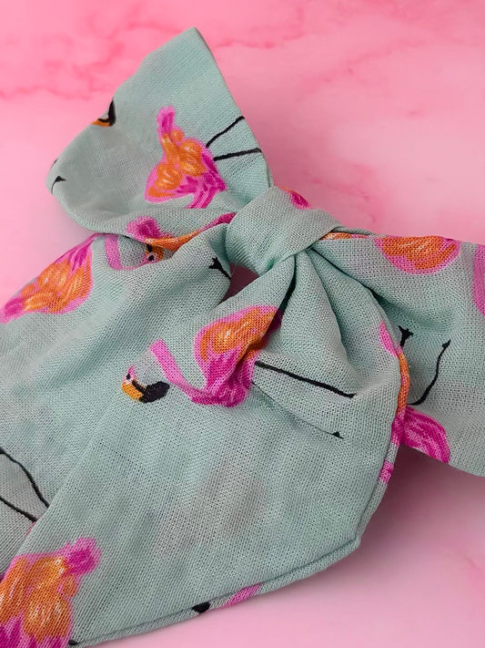 Flamingo Fancy - Blue & Pink Flamingo print classic Hair Bow