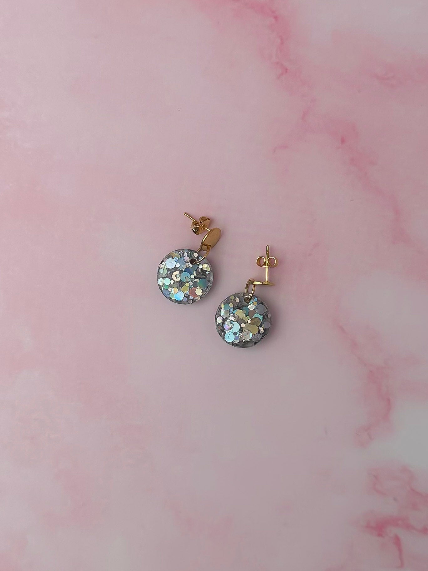 Aquarius circle drops - silver holographic glitter Resin Earrings
