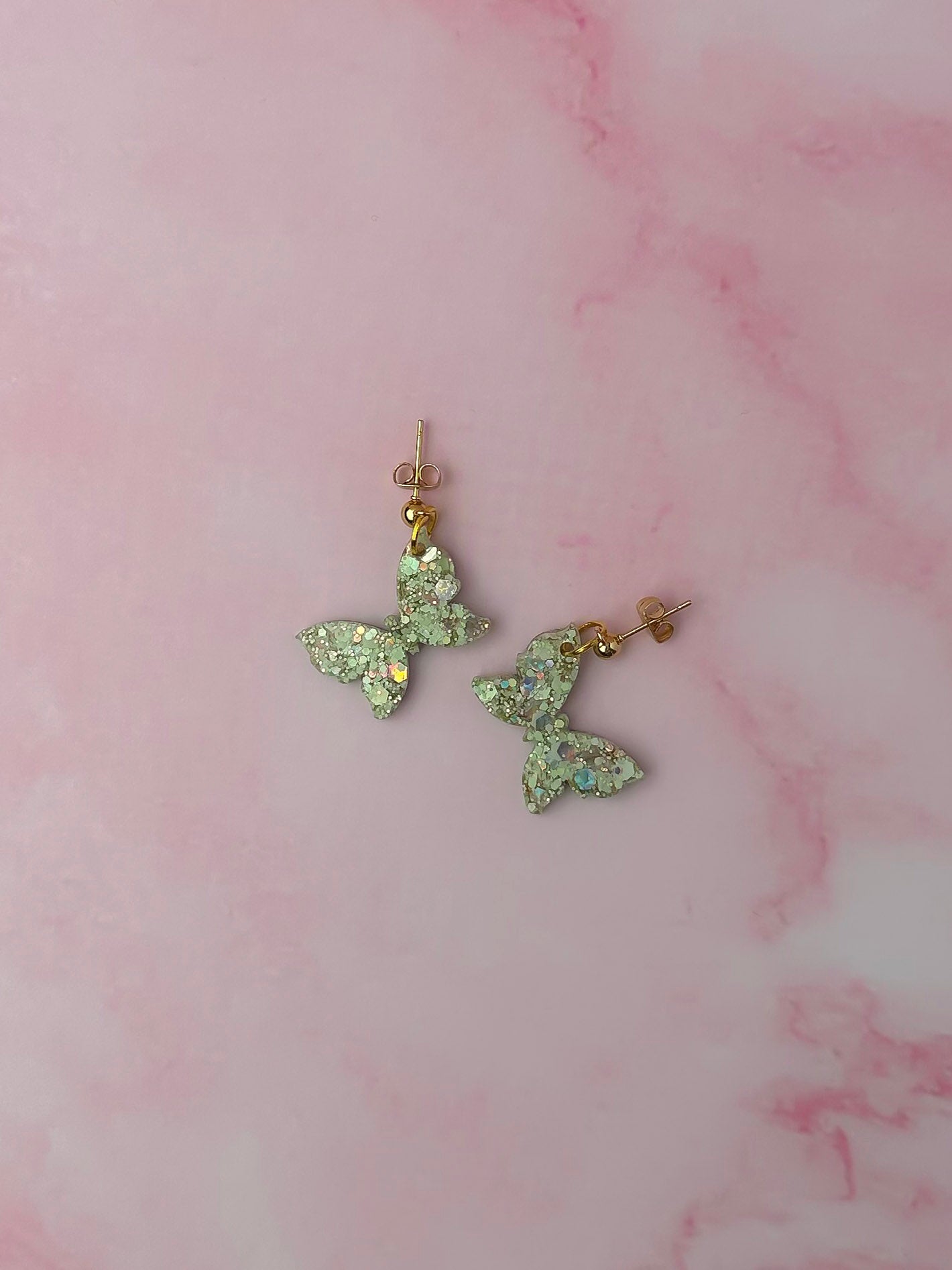 Meadow Butterflies - pastel green and gold glitter Resin Earrings