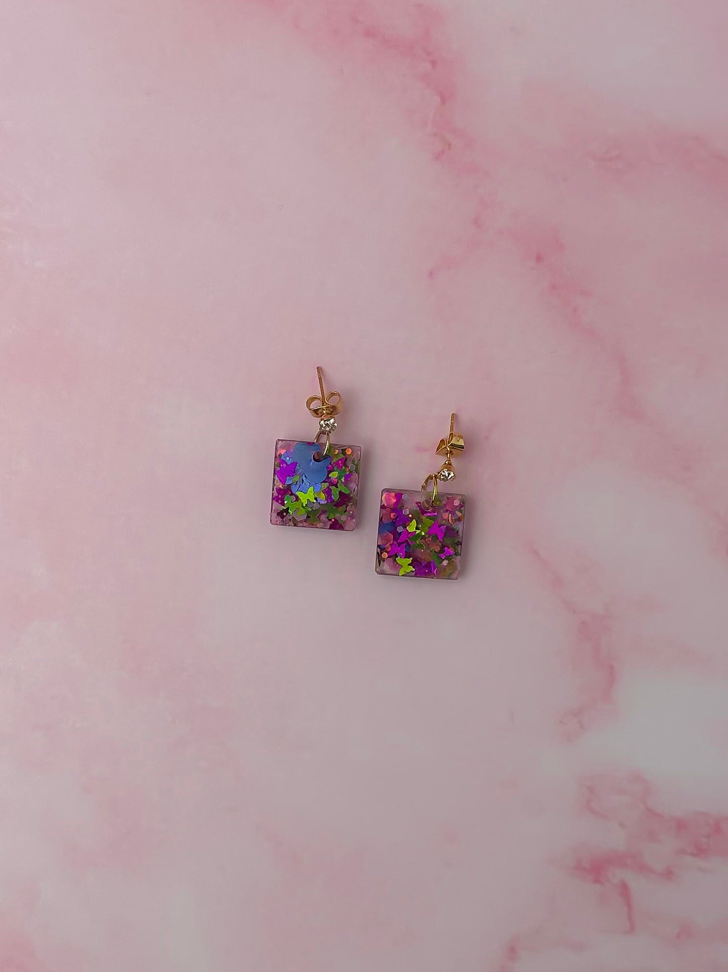Secret Garden Squares - pink butterfly glitter Resin Earrings