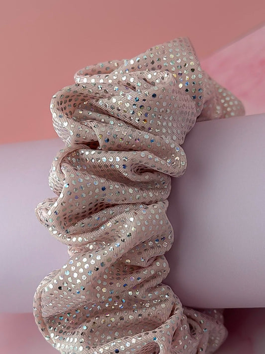 Josie - Light Pink glitter dance fabric wide scrunchie