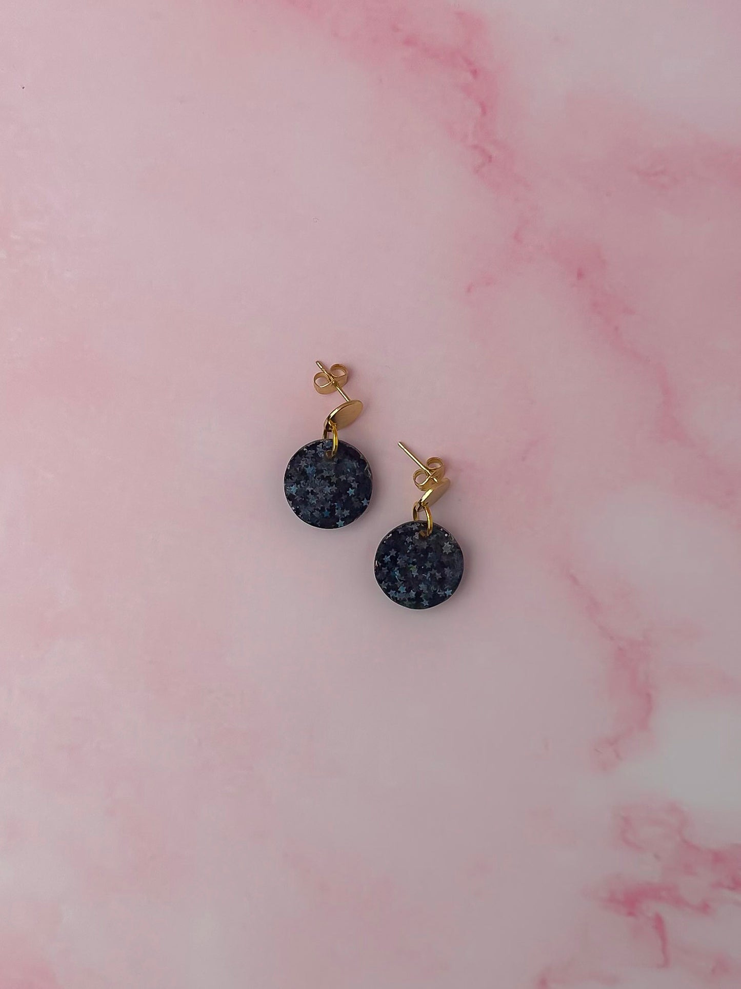 Midnight gold circles - black star glitter Resin Earrings
