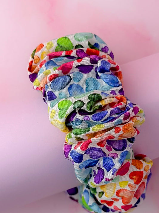 Watercolour Heart Dark - multicolour heart print wide scrunchie